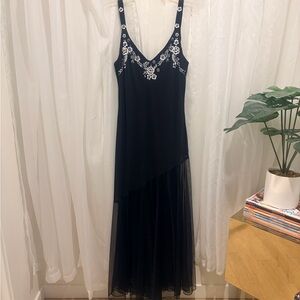 Vintage R&M Richards Black Maxi Dress with White floral Embroidery size 16